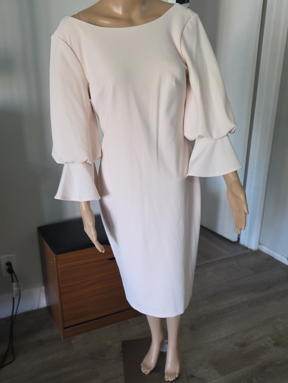 Calvin Klein Soft Cream Midi Dress with Tiered Bell Sleeves